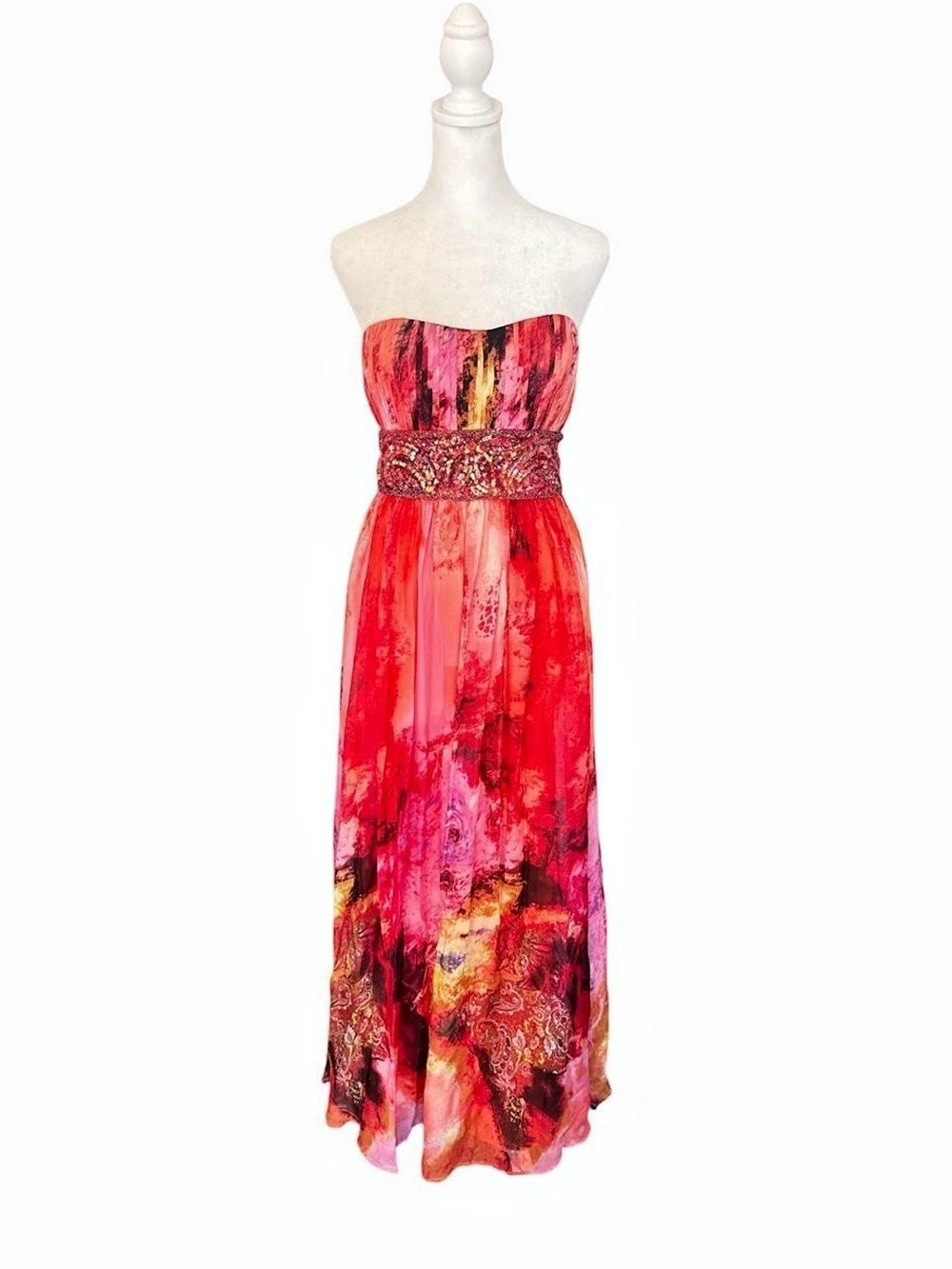 Strapless Abstract Maxi Dress in Red & Pink Like New